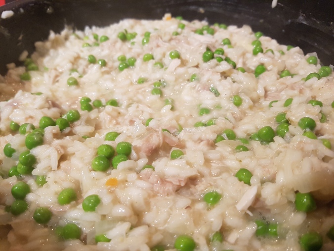 Turkey and pea risotto cooking